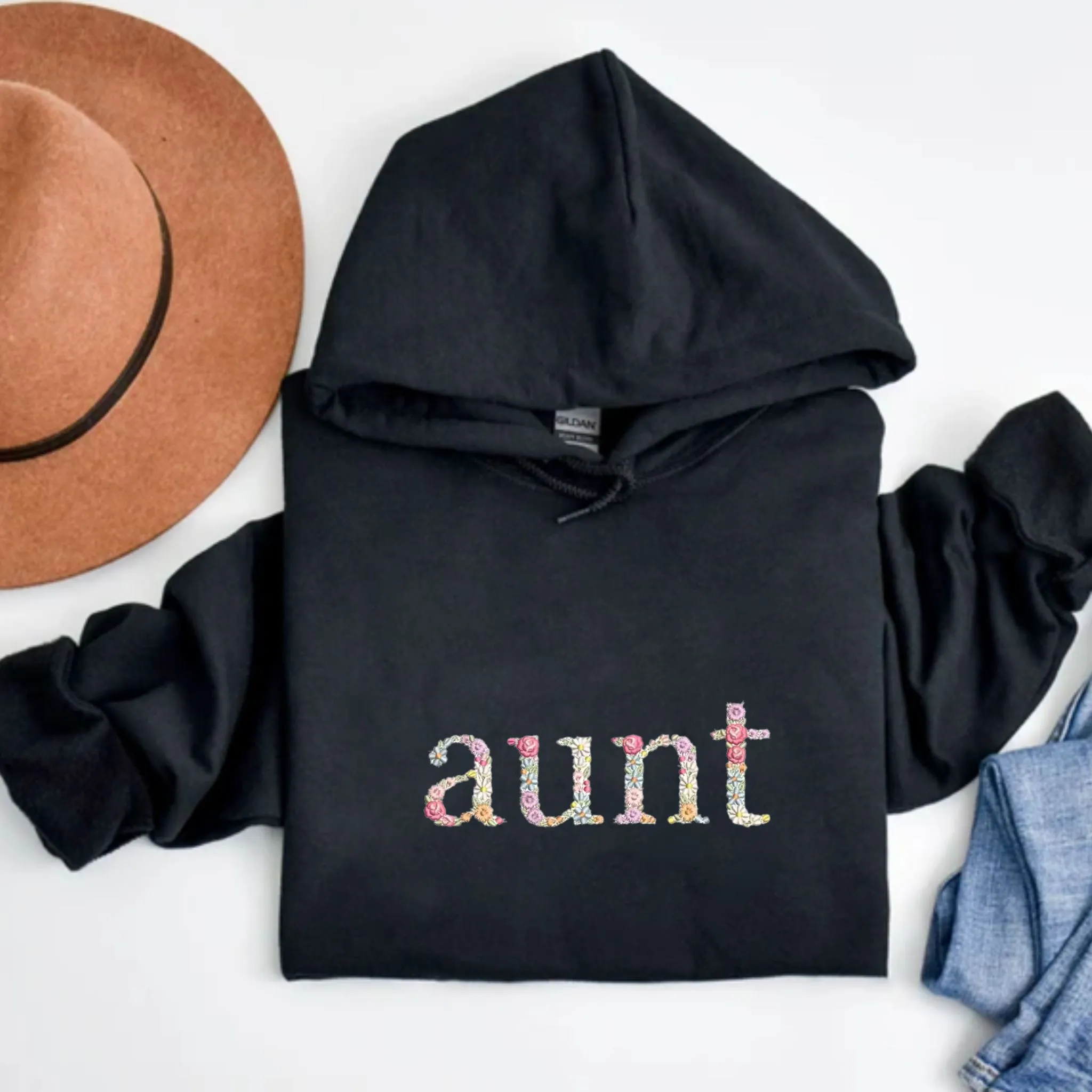 Custom Embroidered Hoodie For Aunt, Personalized Hood With Initial On Sleeve, Unique Gift For Aunt