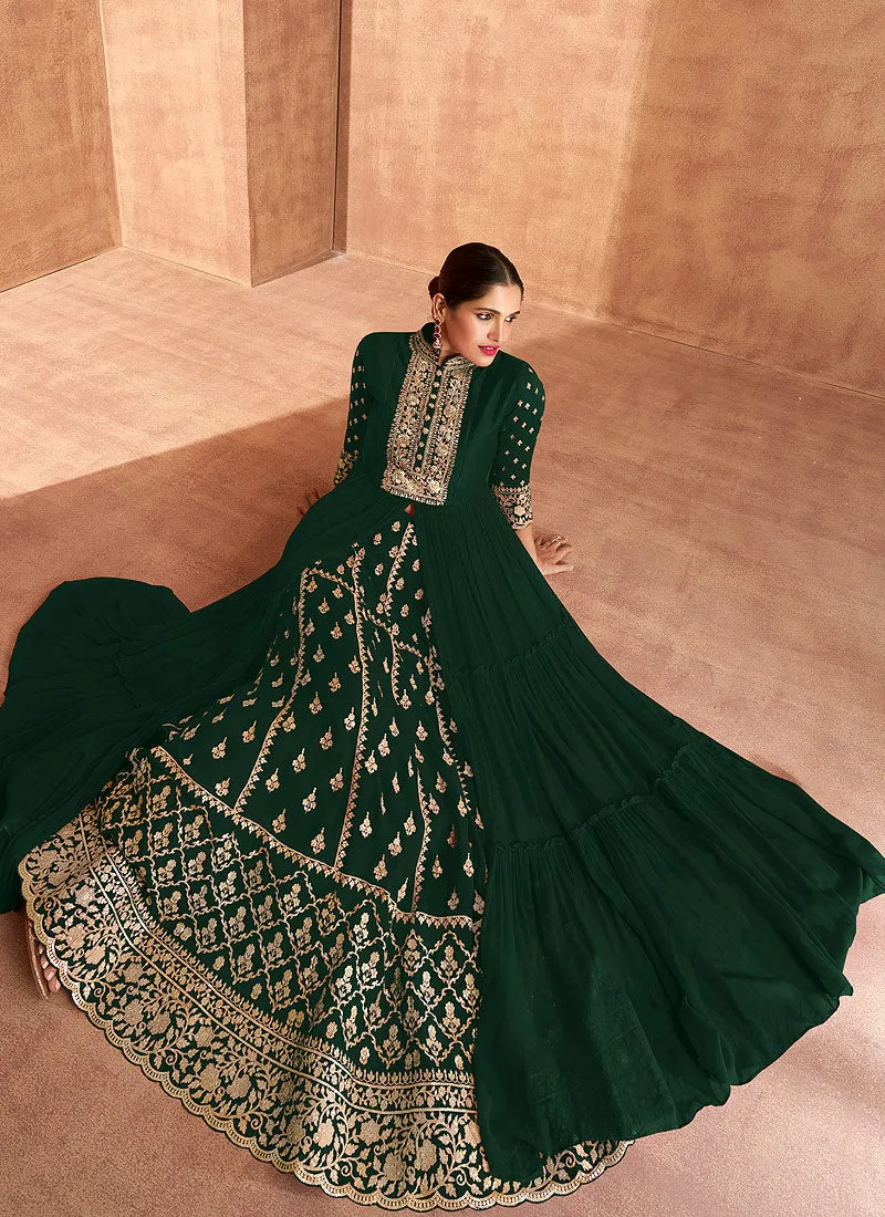 Dark Green Slit Style Embroidered Anarkali Lehenga Suit