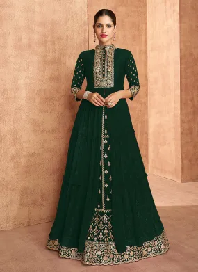 Dark Green Slit Style Embroidered Anarkali Lehenga Suit