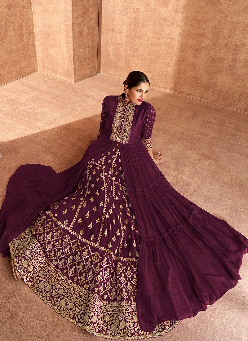 Deep Wine Slit Style Embroidered Anarkali Lehenga Suit