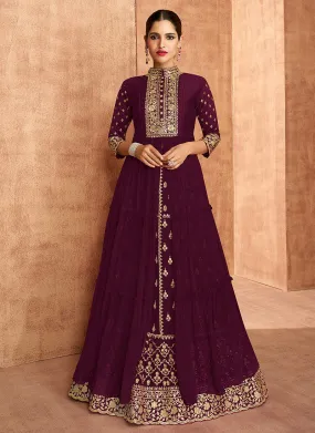 Deep Wine Slit Style Embroidered Anarkali Lehenga Suit