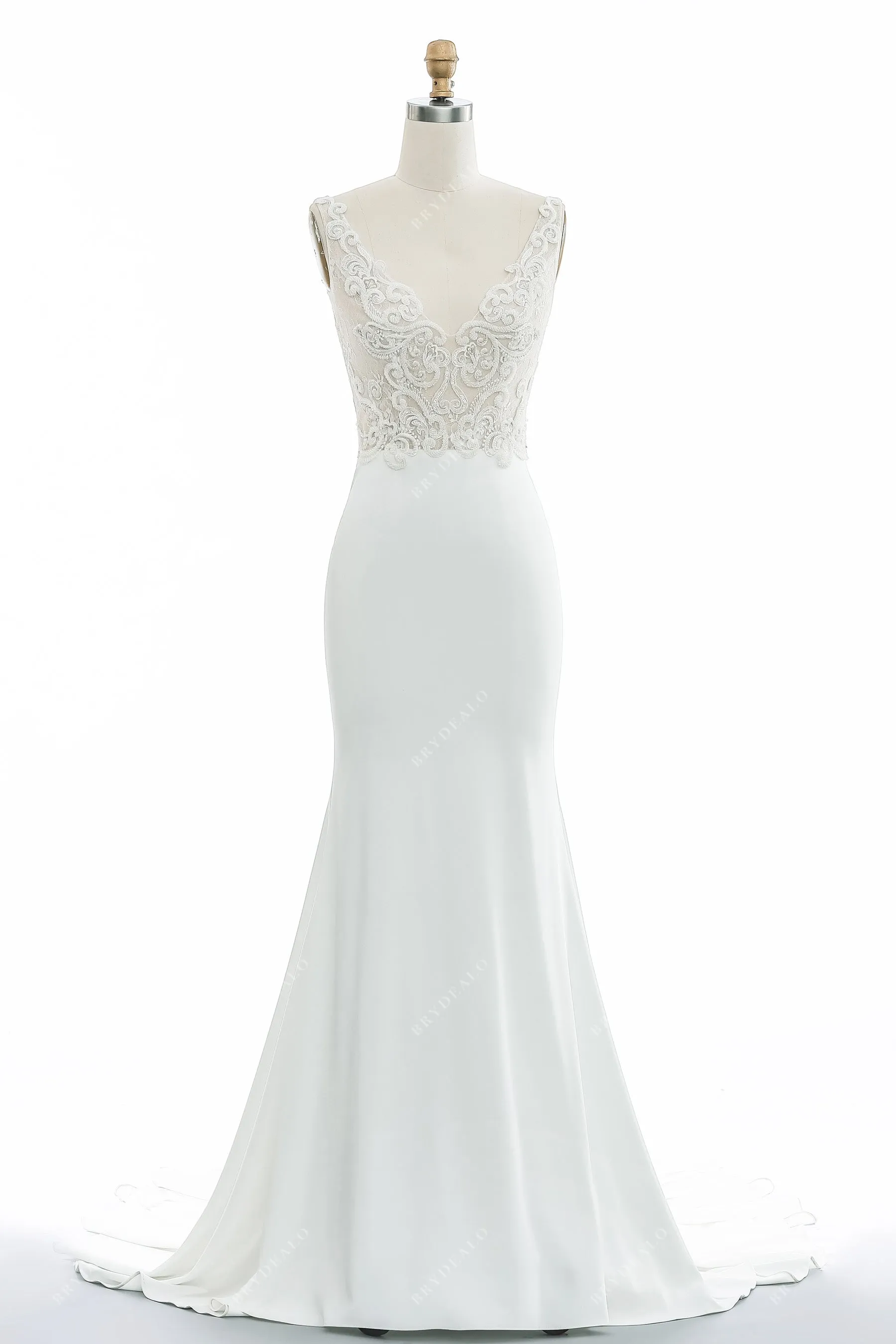 Designer Beaded Lace Plunging Satin Mermaid Wedding Dress