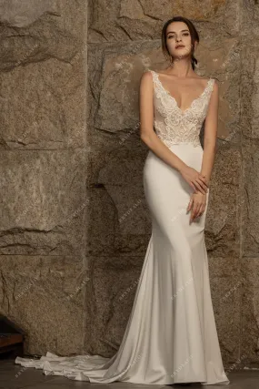 Designer Beaded Lace Plunging Satin Mermaid Wedding Dress