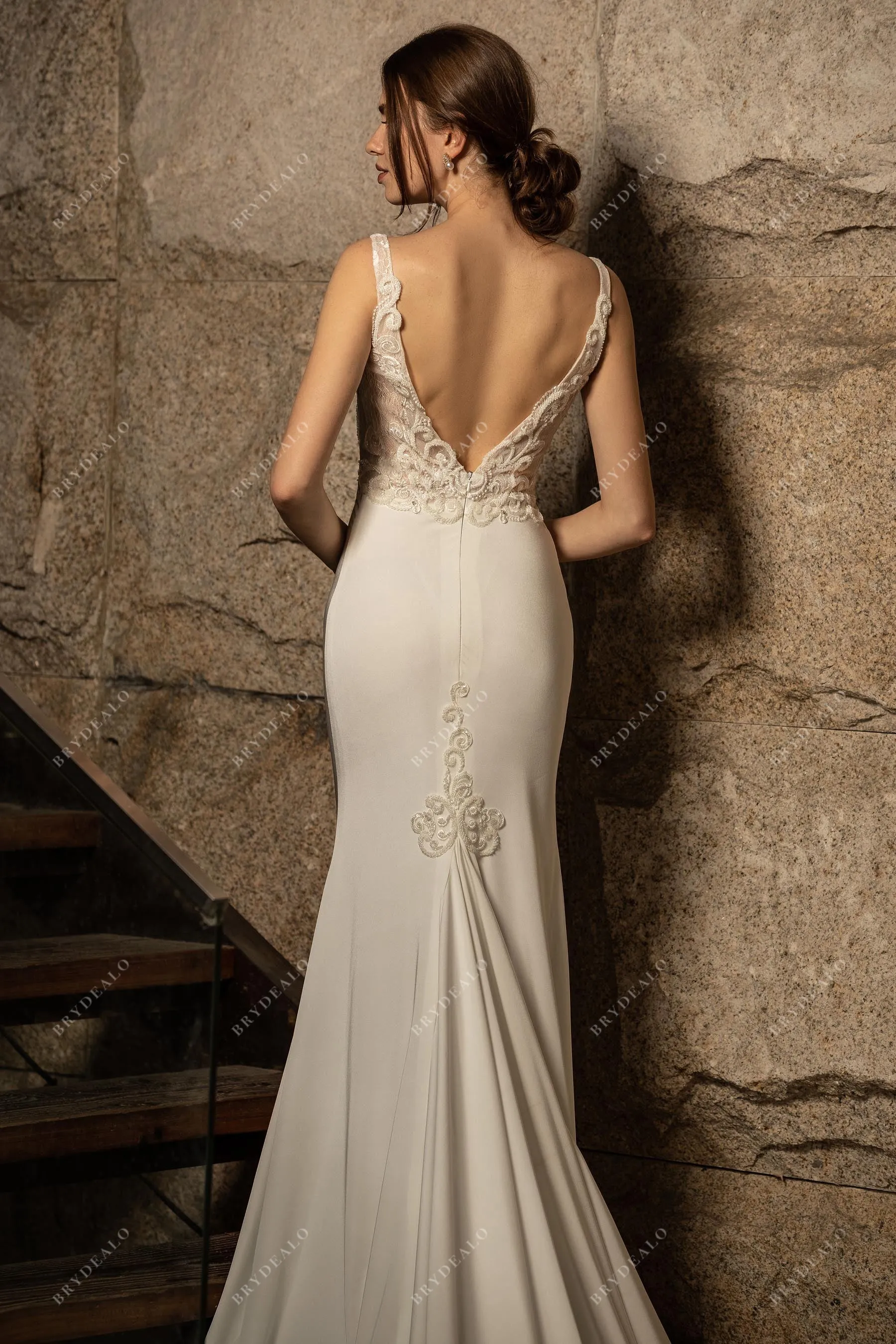 Designer Beaded Lace Plunging Satin Mermaid Wedding Dress