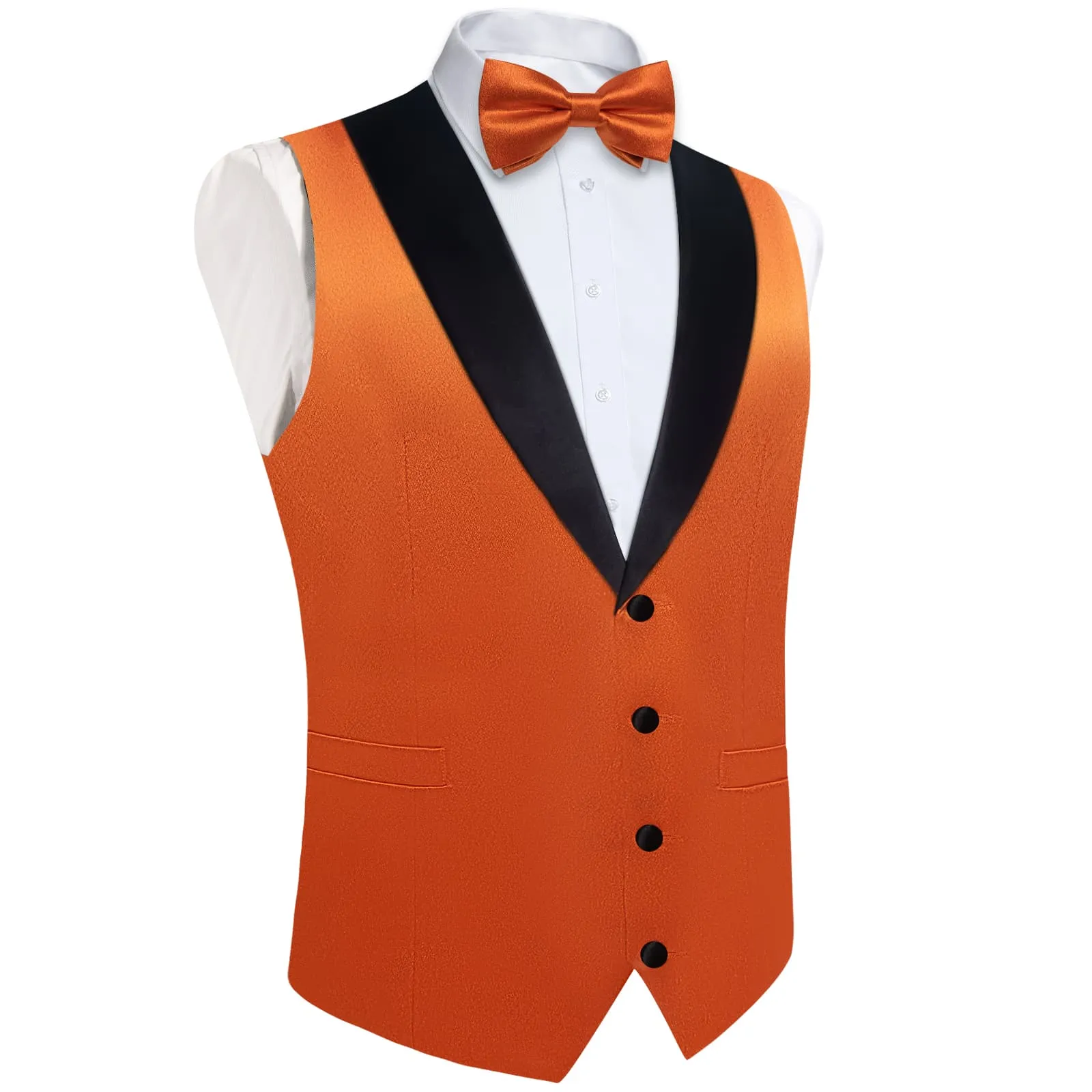 DiBanGu Tuxedo Vest Hot Orange Solid Silk Mens Button Dress Wedding Vest and Bow Tie Set