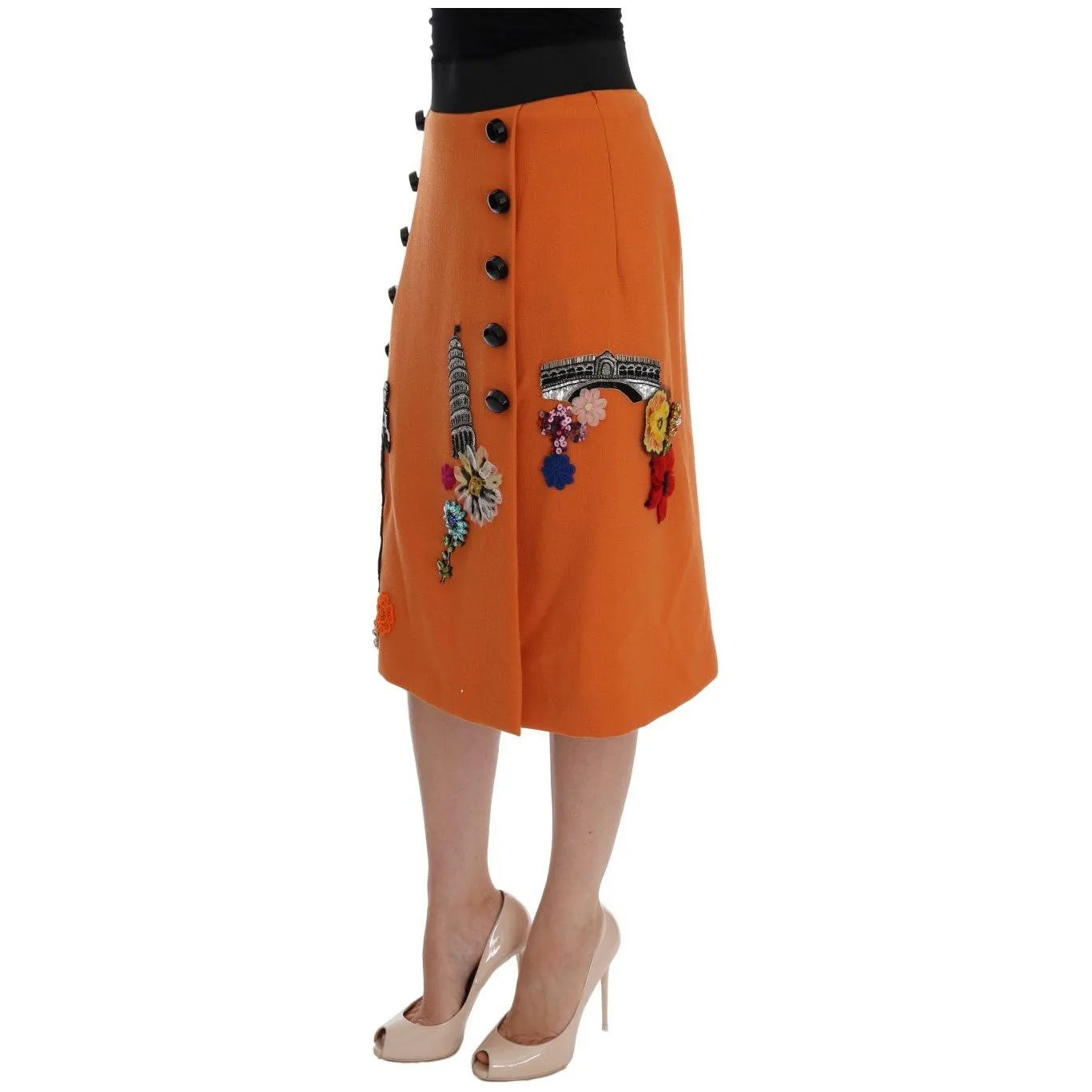 Dolce & Gabbana Embellished Wool Skirt in Vivid Orange