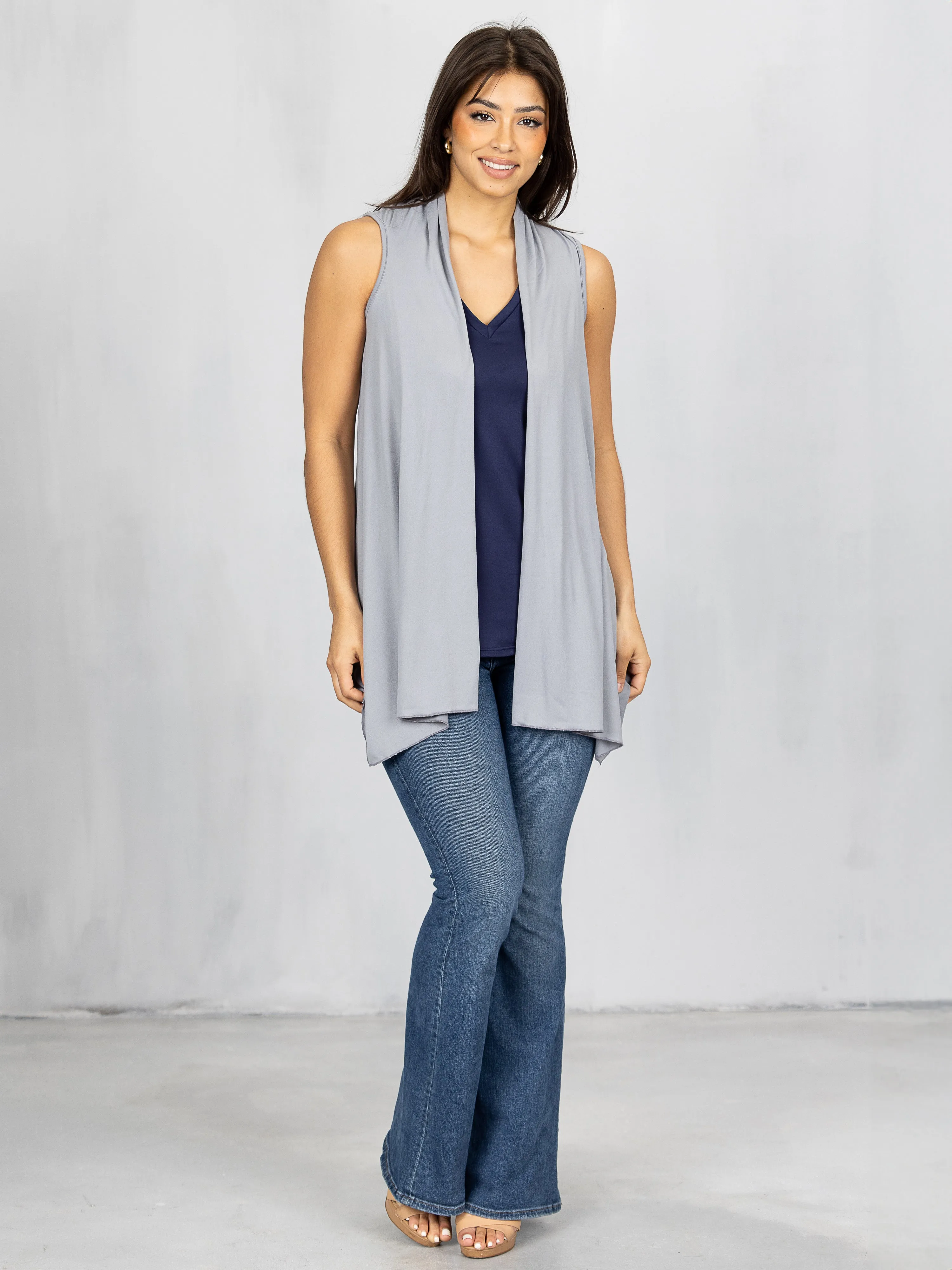 Draped Open Front Sleeveless Cardigan Vest