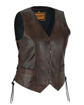 Dream Apparel® Premium Cowhide Brown Vest with Diamond Design on Shoulder & Upper Back