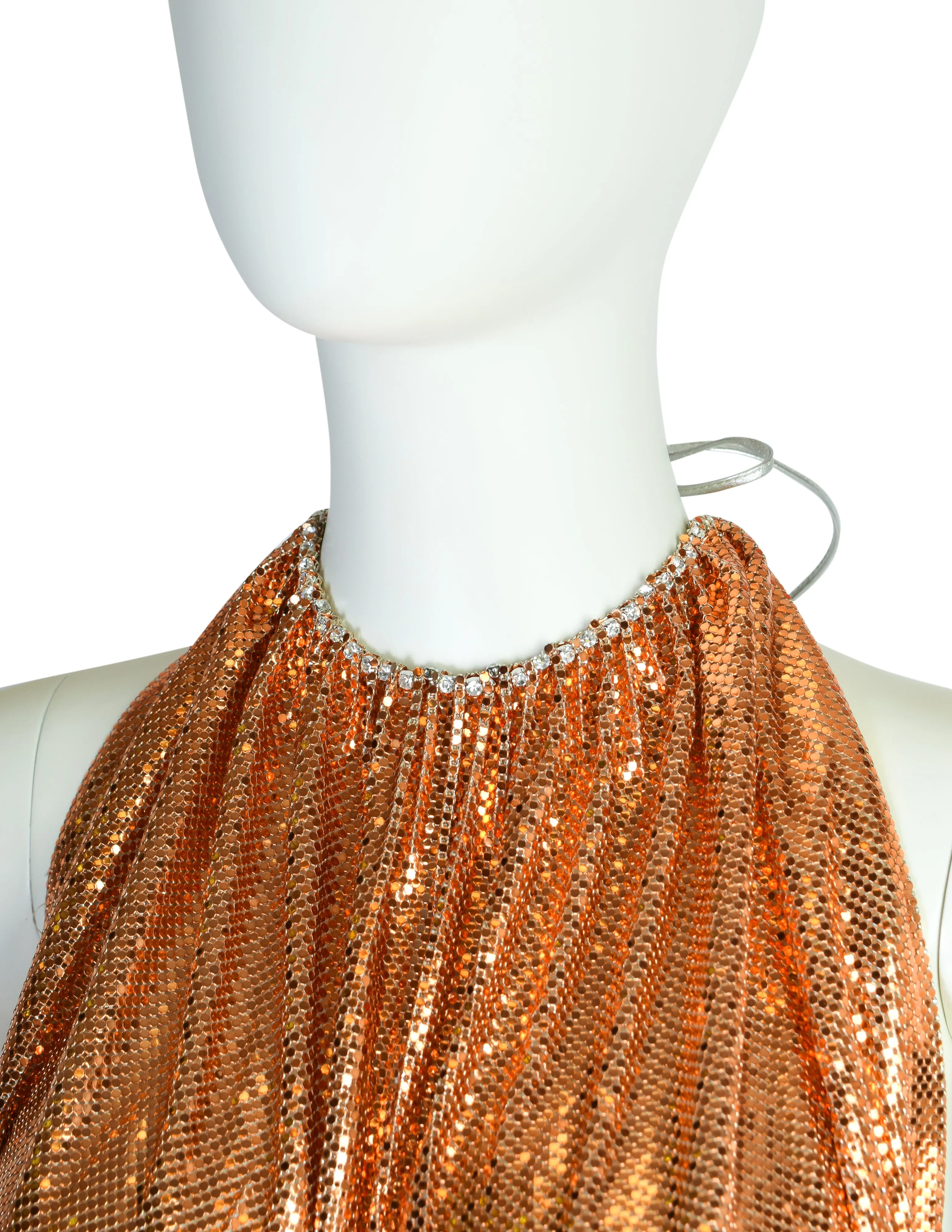 Ferrara Vintage Orange Silver Ombre Metallic Metal Mesh Rhinestone Halter Top and Skirt Ensemble Set