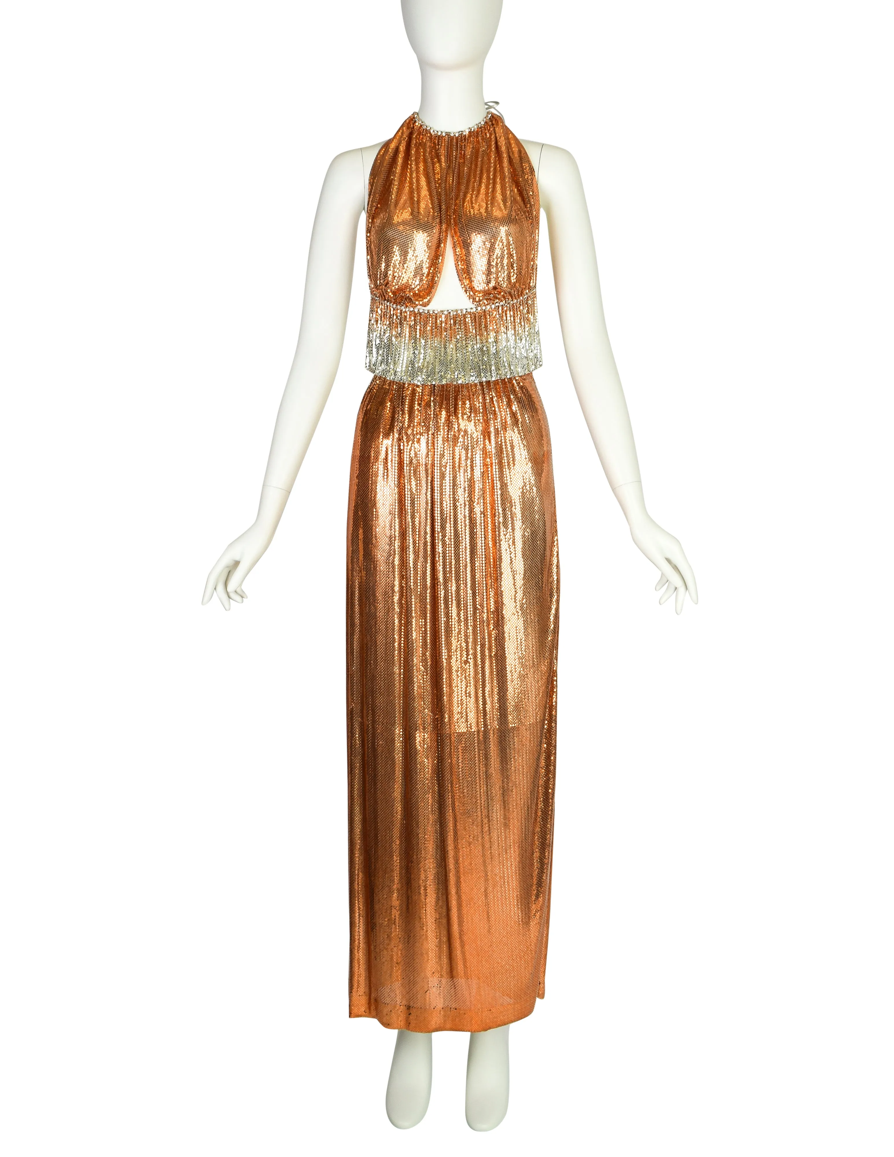 Ferrara Vintage Orange Silver Ombre Metallic Metal Mesh Rhinestone Halter Top and Skirt Ensemble Set