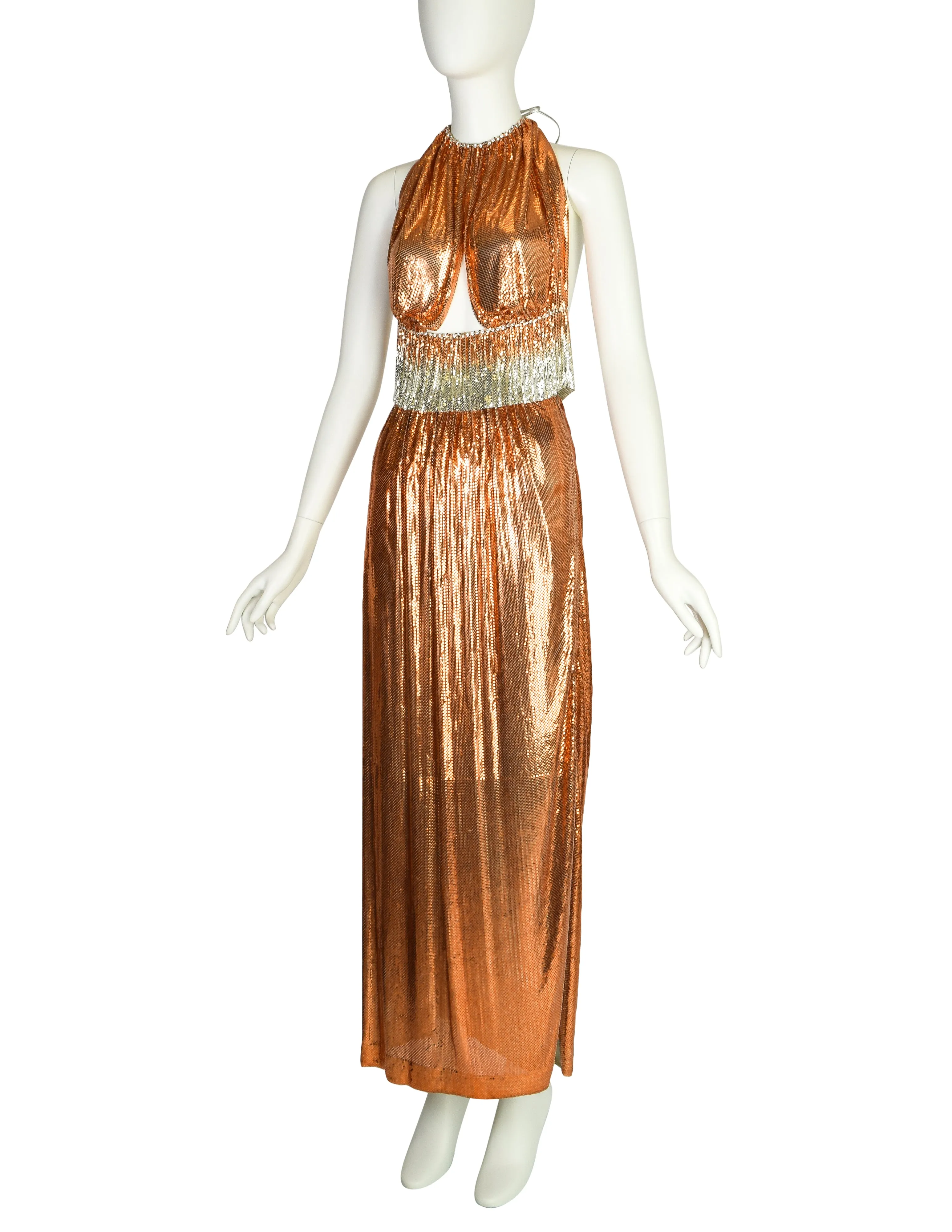 Ferrara Vintage Orange Silver Ombre Metallic Metal Mesh Rhinestone Halter Top and Skirt Ensemble Set