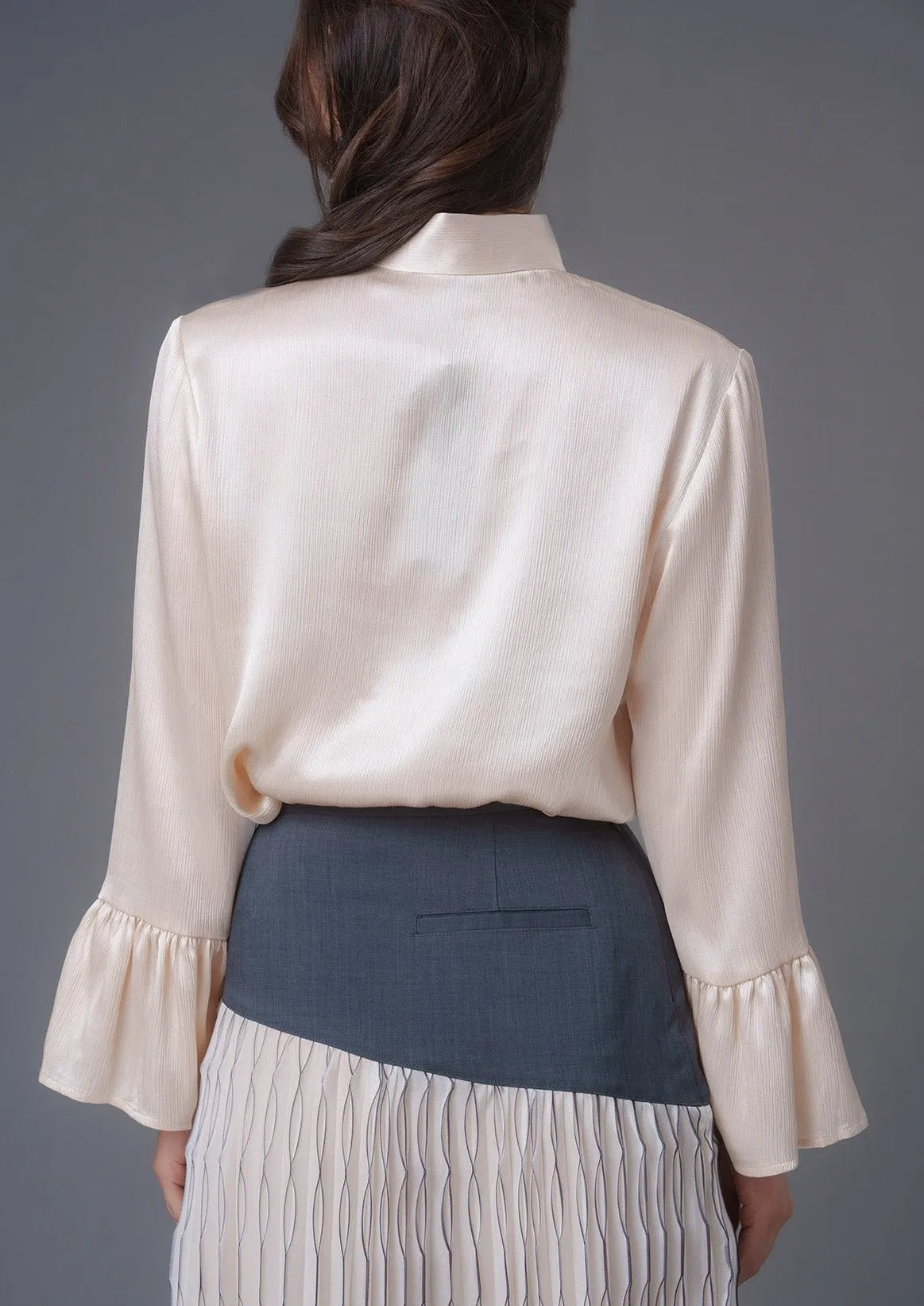 Flounce Sleeves Satin Mandarin Blouse (Ivory White)