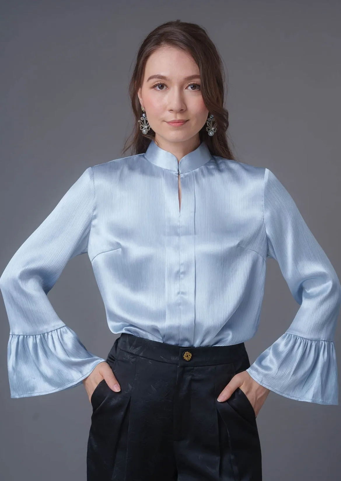 Flounce Sleeves Satin Mandarin Blouse (Light Blue)