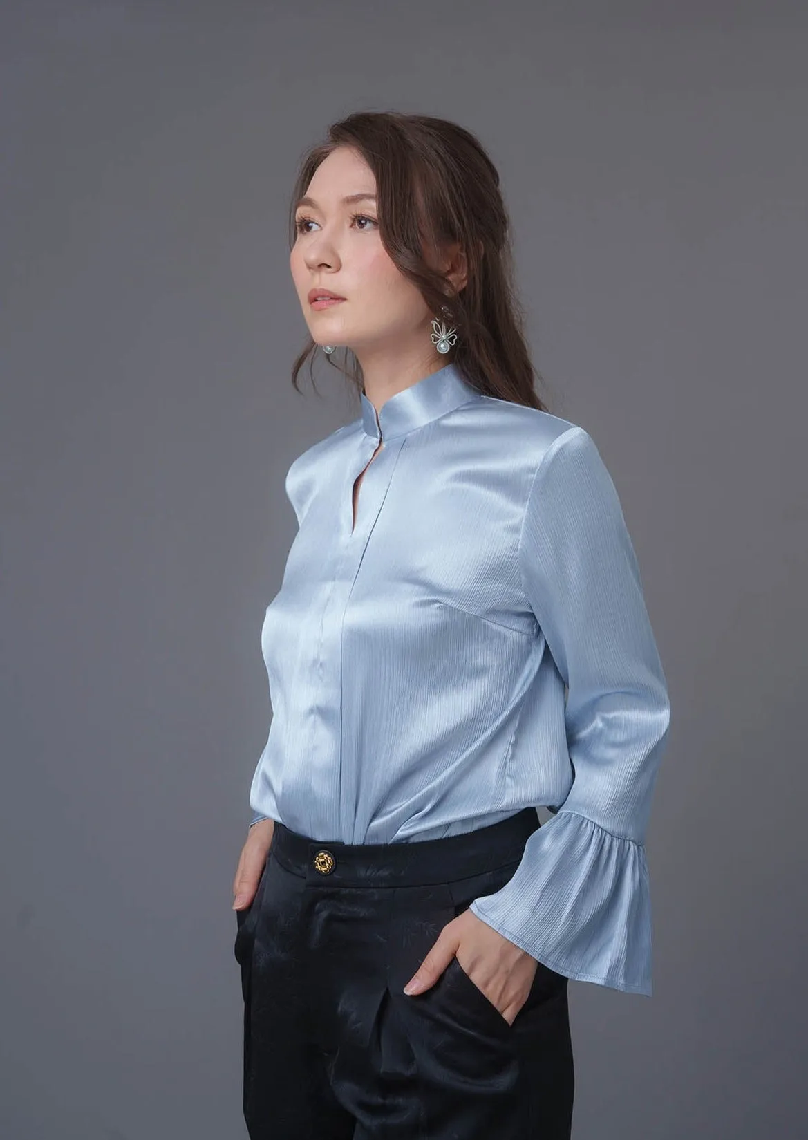 Flounce Sleeves Satin Mandarin Blouse (Light Blue)