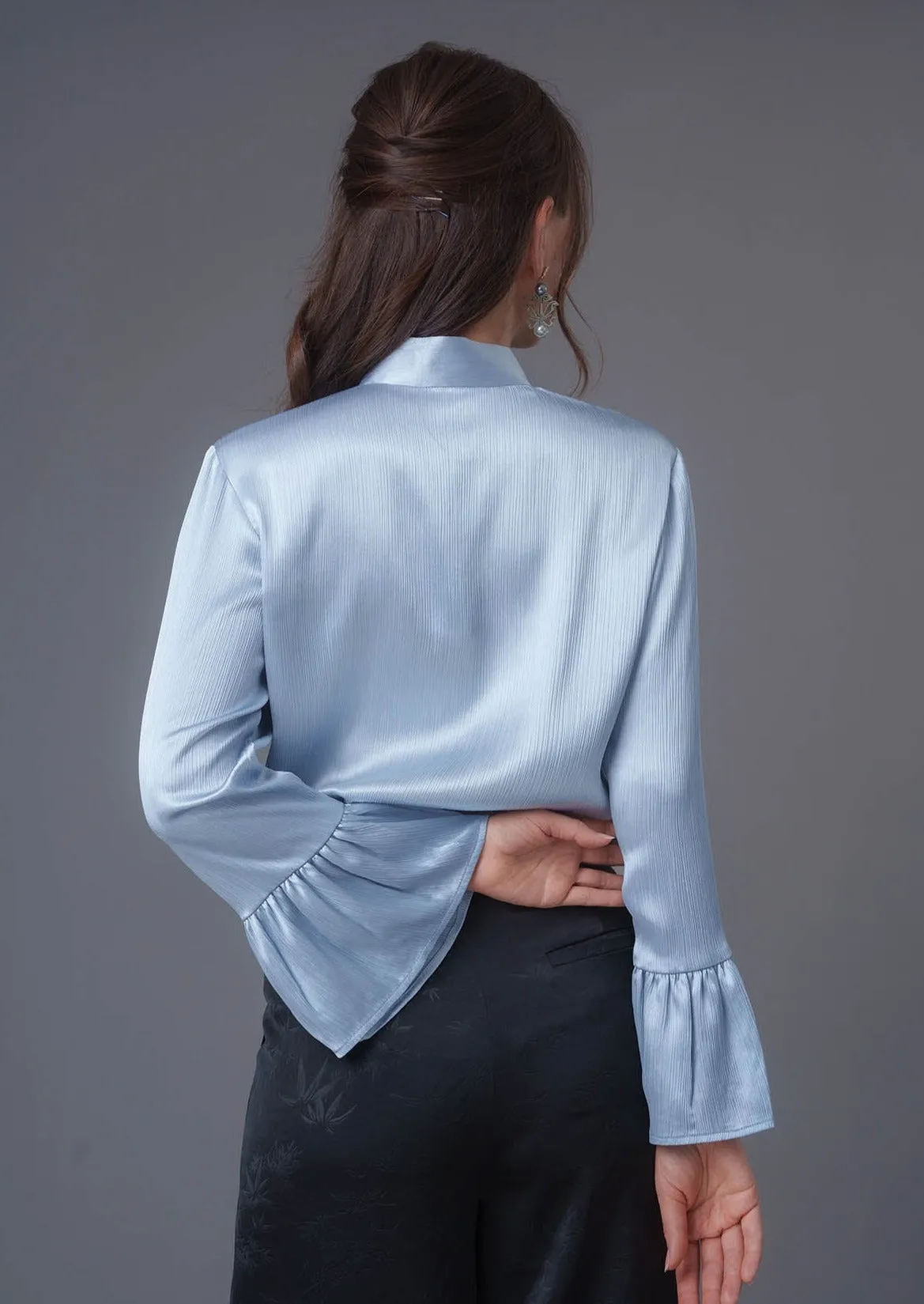 Flounce Sleeves Satin Mandarin Blouse (Light Blue)