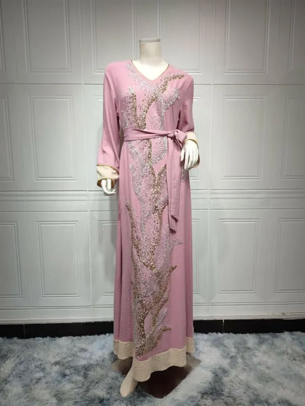 Flowy Ladies Muslim Robe with Gold Sequin Embroidery