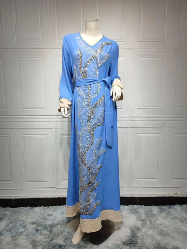 Flowy Ladies Muslim Robe with Gold Sequin Embroidery