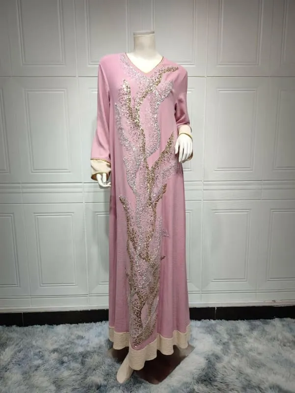 Flowy Ladies Muslim Robe with Gold Sequin Embroidery