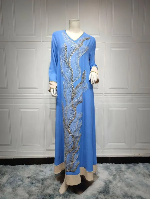 Flowy Ladies Muslim Robe with Gold Sequin Embroidery