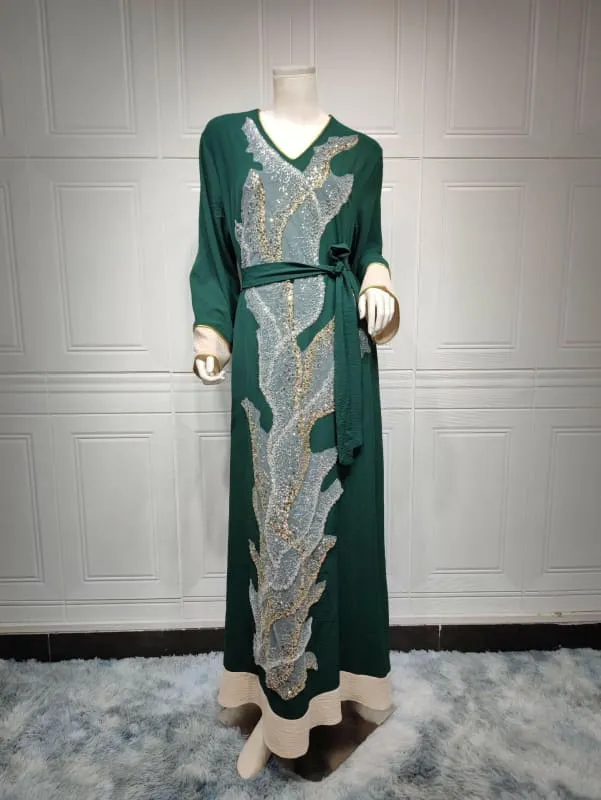 Flowy Ladies Muslim Robe with Gold Sequin Embroidery