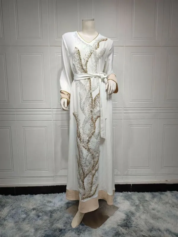 Flowy Ladies Muslim Robe with Gold Sequin Embroidery