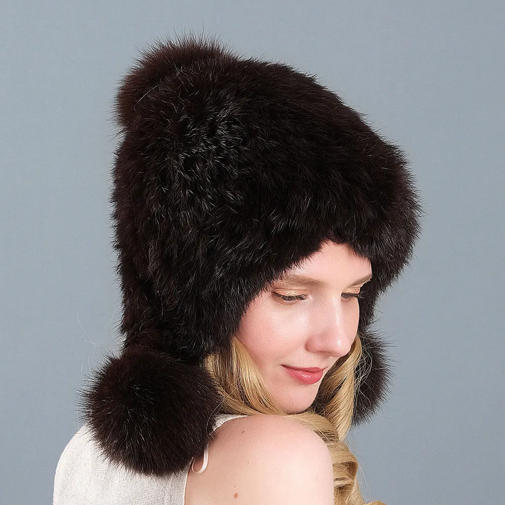 Fur hat women's three-ball winter rabbit fur fox fur ball ear protection thickened warm fur hat