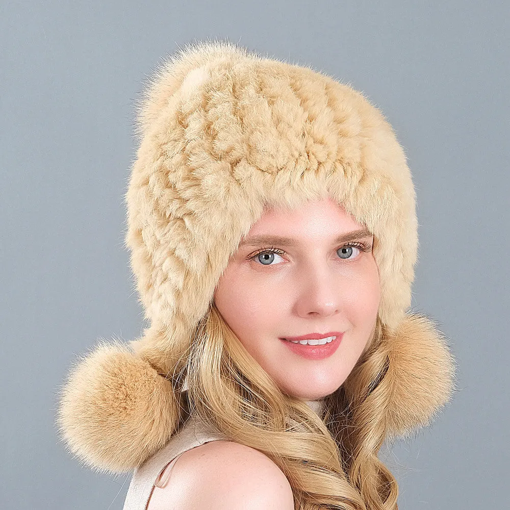 Fur hat women's three-ball winter rabbit fur fox fur ball ear protection thickened warm fur hat