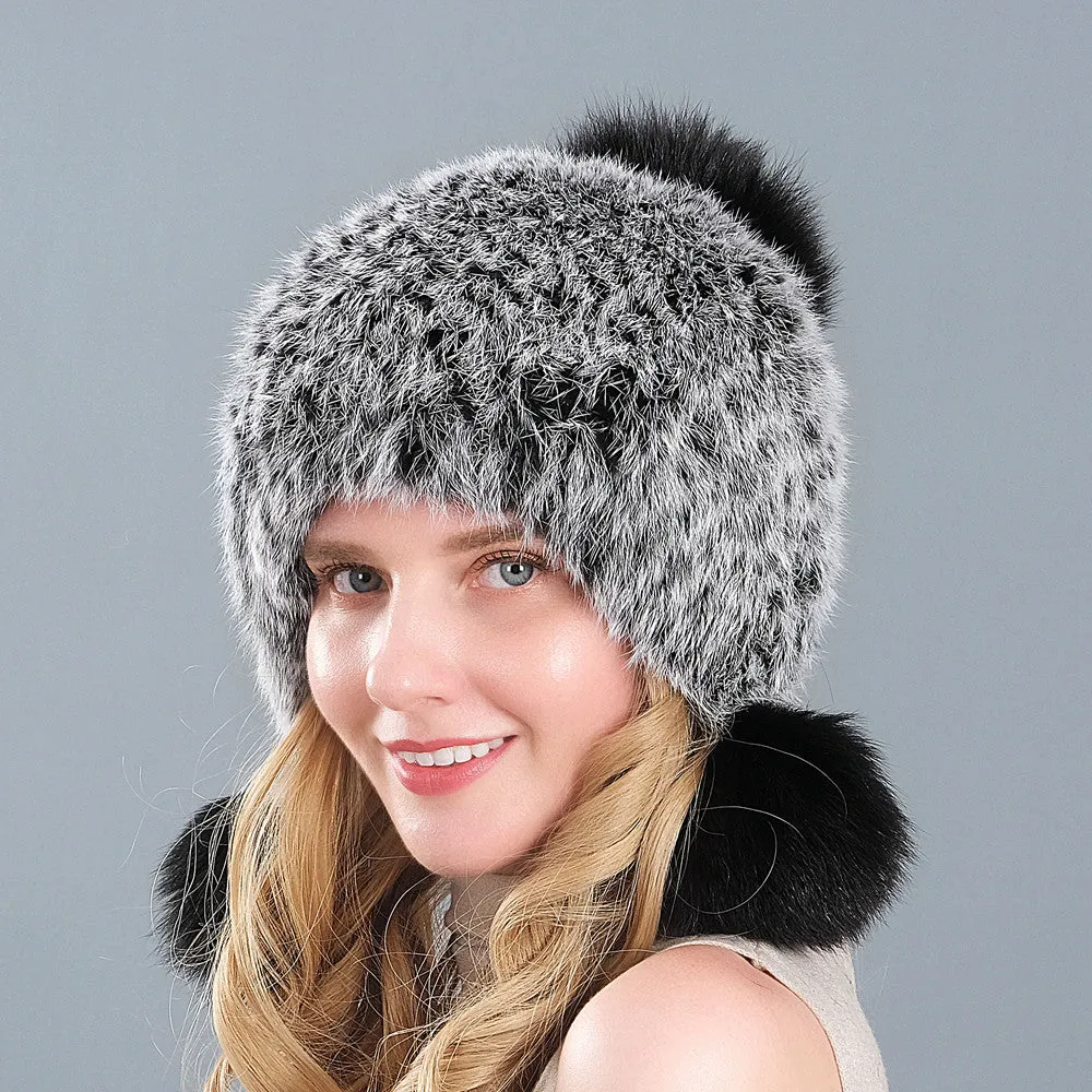 Fur hat women's three-ball winter rabbit fur fox fur ball ear protection thickened warm fur hat