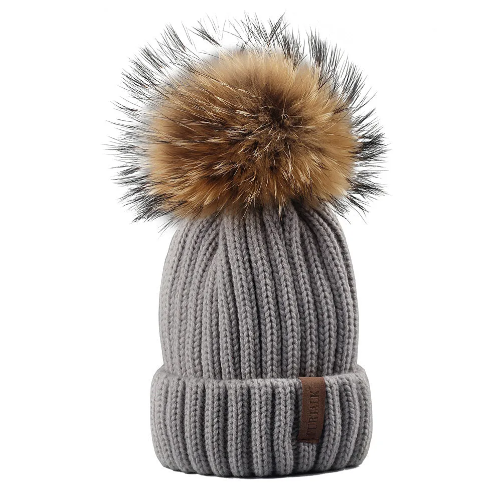 FURTALK Child Winter Real Fur Pom Pom Hat Drop Shipping HTWL028