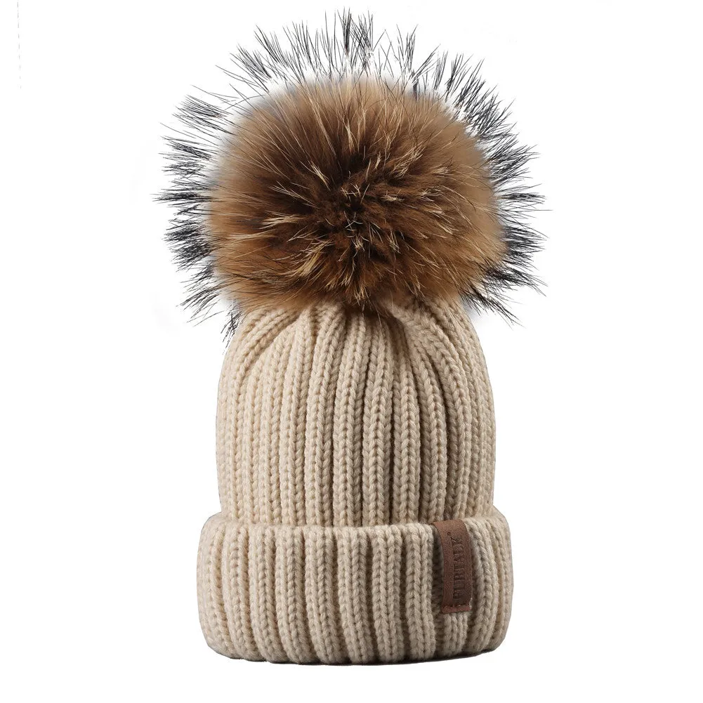 FURTALK Child Winter Real Fur Pom Pom Hat Drop Shipping HTWL028