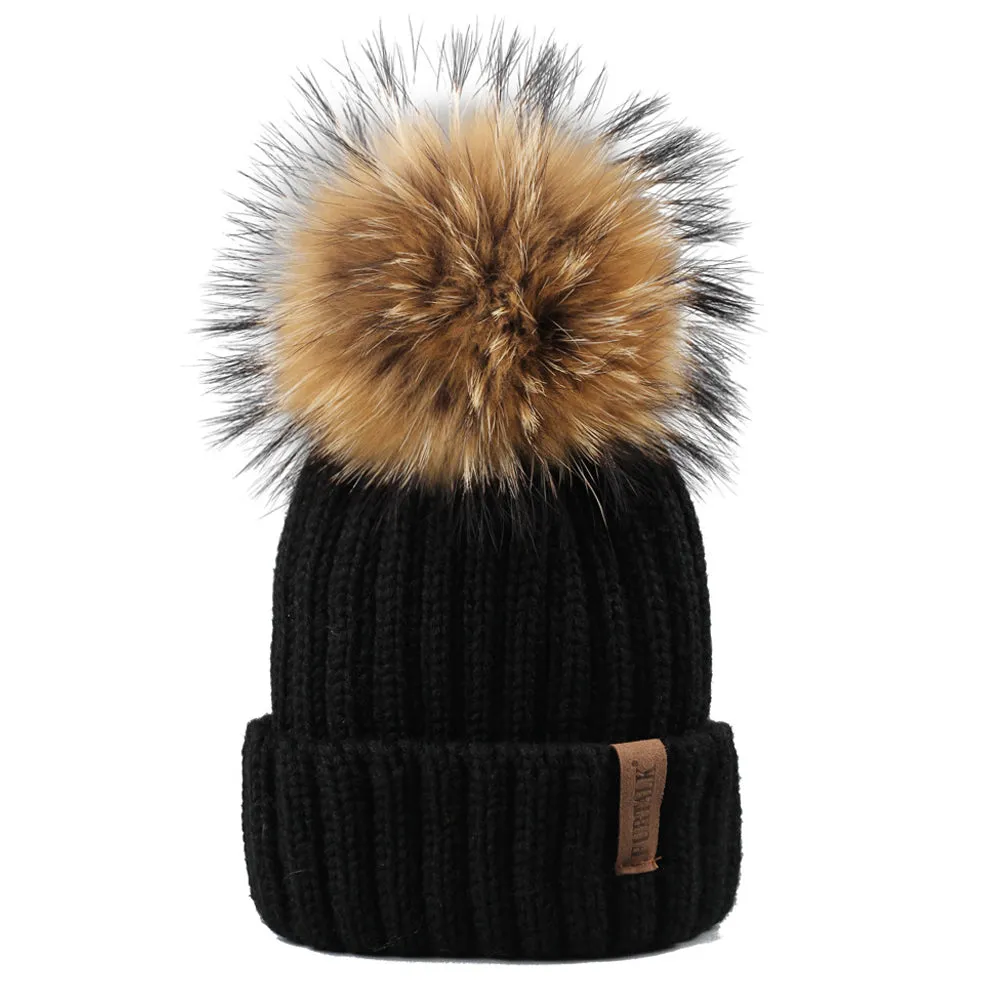 FURTALK Child Winter Real Fur Pom Pom Hat Drop Shipping HTWL028