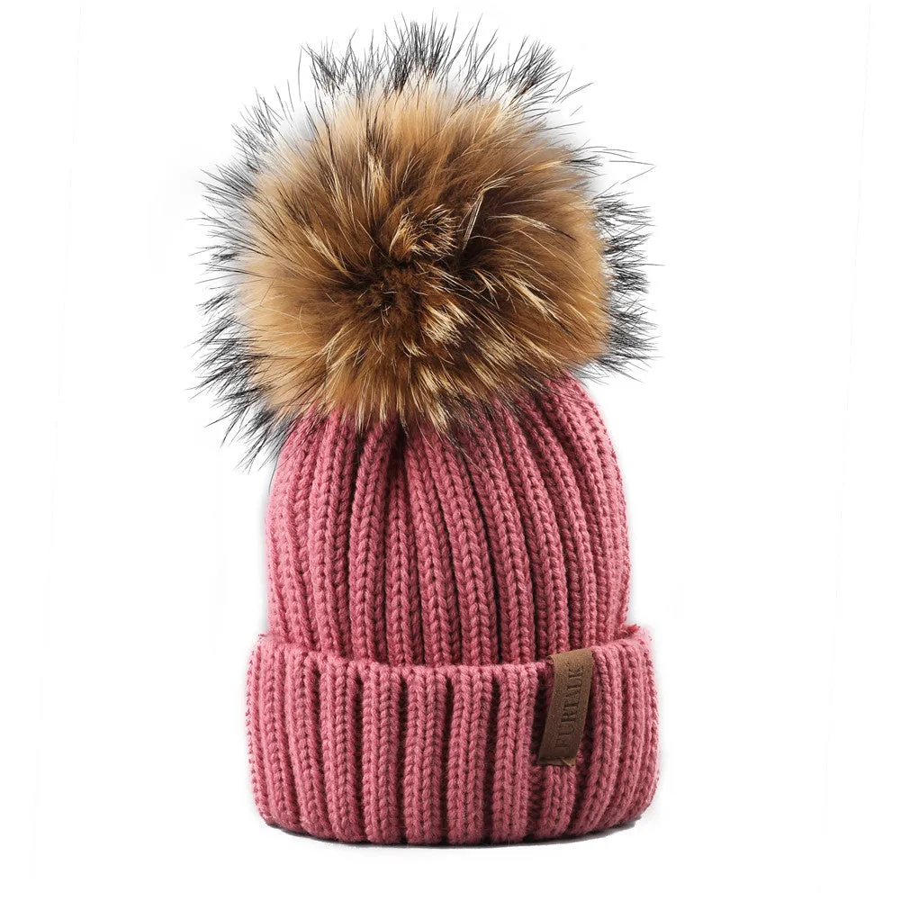 FURTALK Child Winter Real Fur Pom Pom Hat Drop Shipping HTWL028