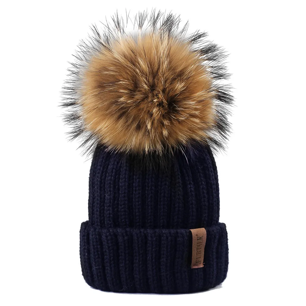 FURTALK Child Winter Real Fur Pom Pom Hat Drop Shipping HTWL028