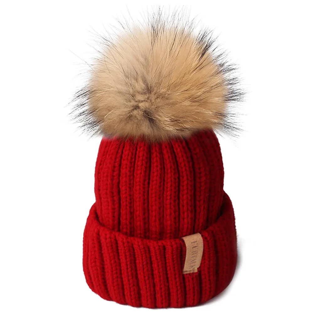 FURTALK Child Winter Real Fur Pom Pom Hat Drop Shipping HTWL028