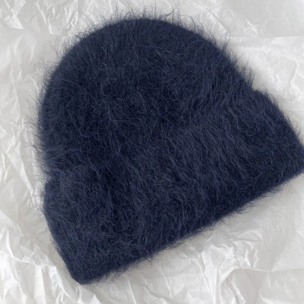 Fuzzy Solid Color Fold Over Blend Alpaca Knit Winter Brushed Beanie