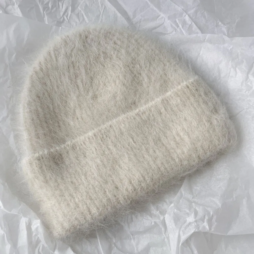 Fuzzy Solid Color Fold Over Blend Alpaca Knit Winter Brushed Beanie