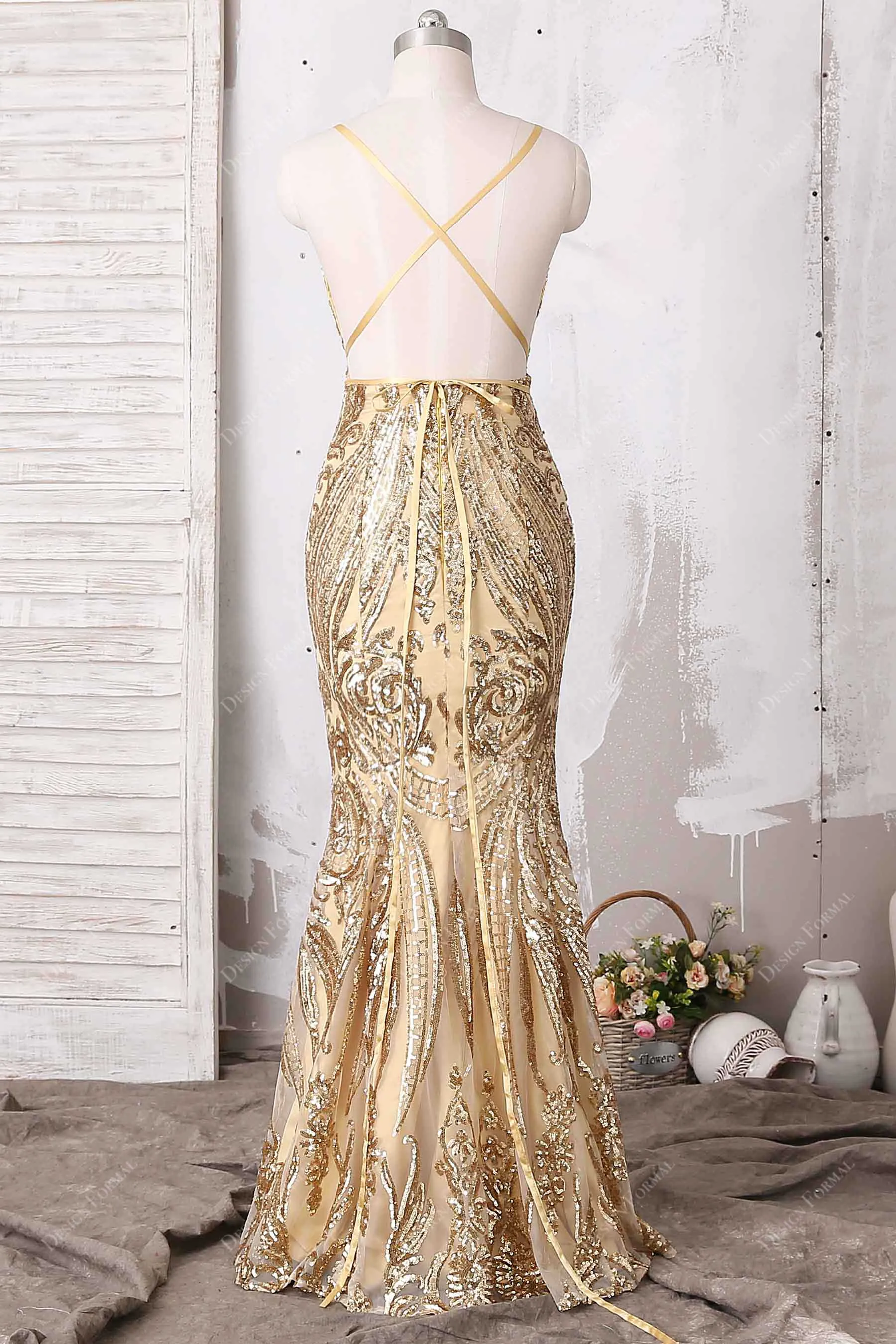 Gold Sequin Spaghetti Straps Sexy Open Back Unique Mermaid Dress