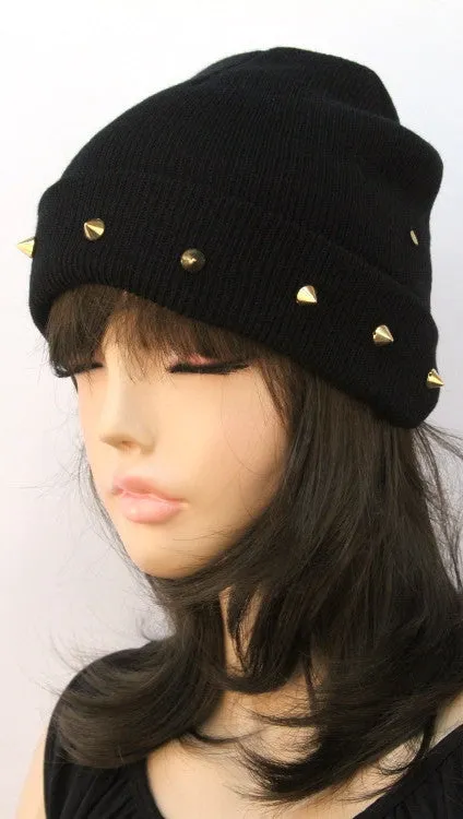 Gold Spike Knit Beanie in Black