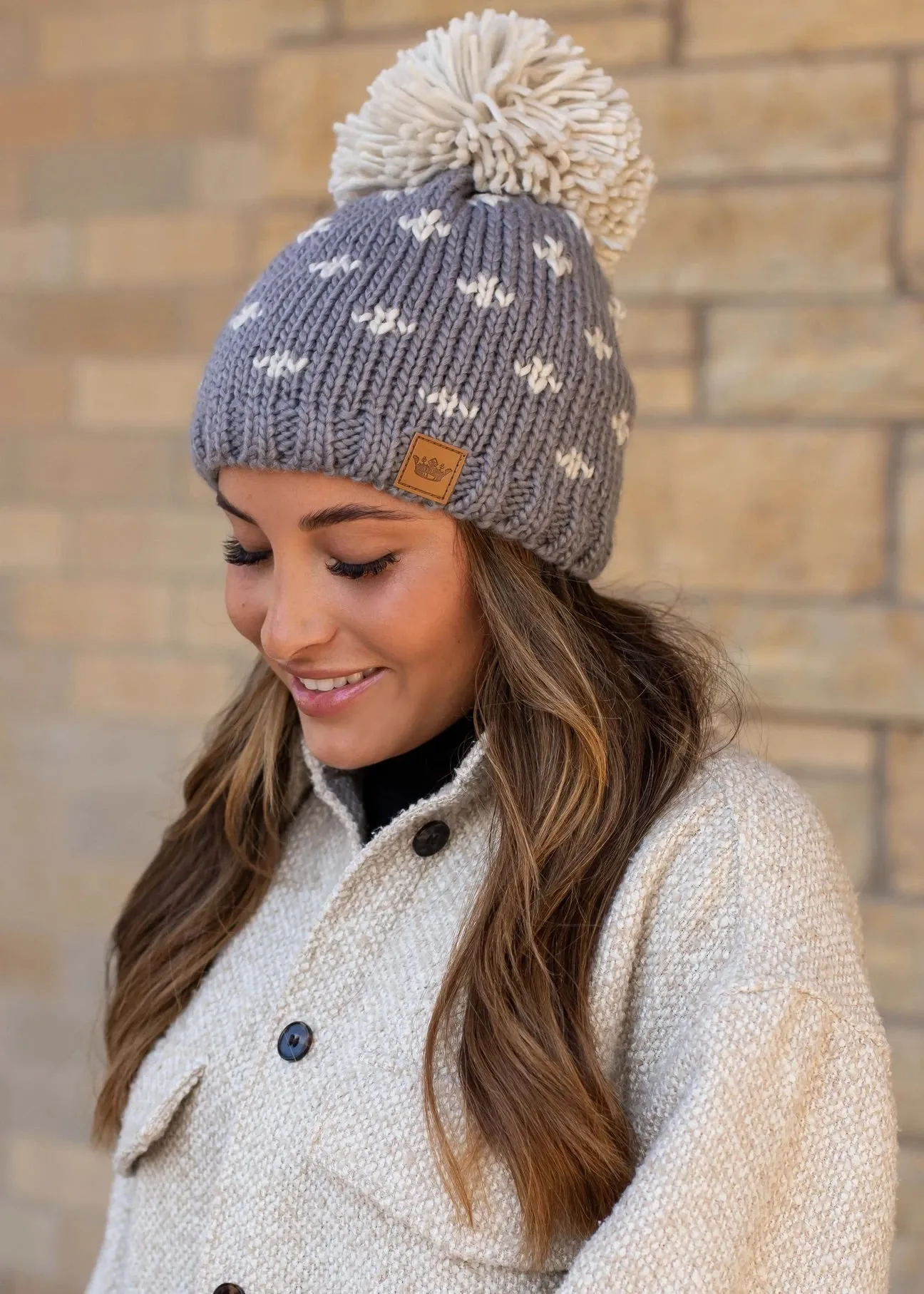 Gray Knit Hat with Cream Pattern