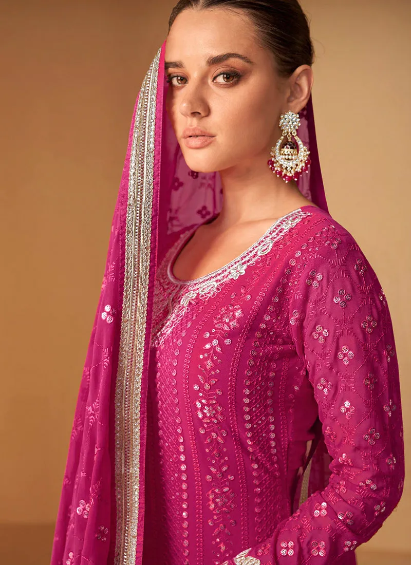 Hot Pink Sequence Embroidery Sharara Style Suit