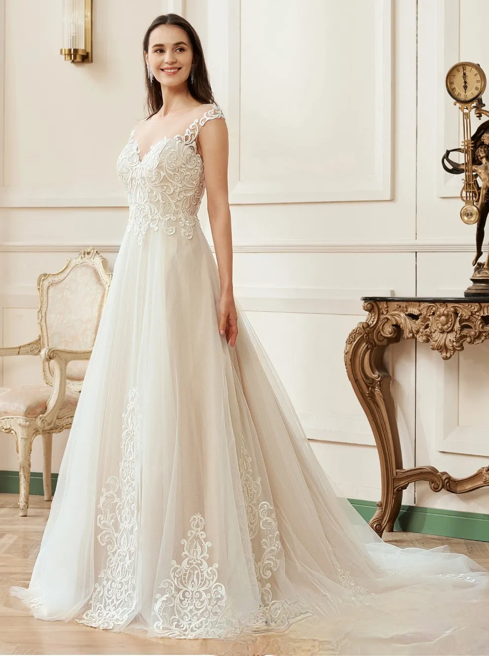 Illusion A-Line Scoop Neckline Lace Bridal Gown