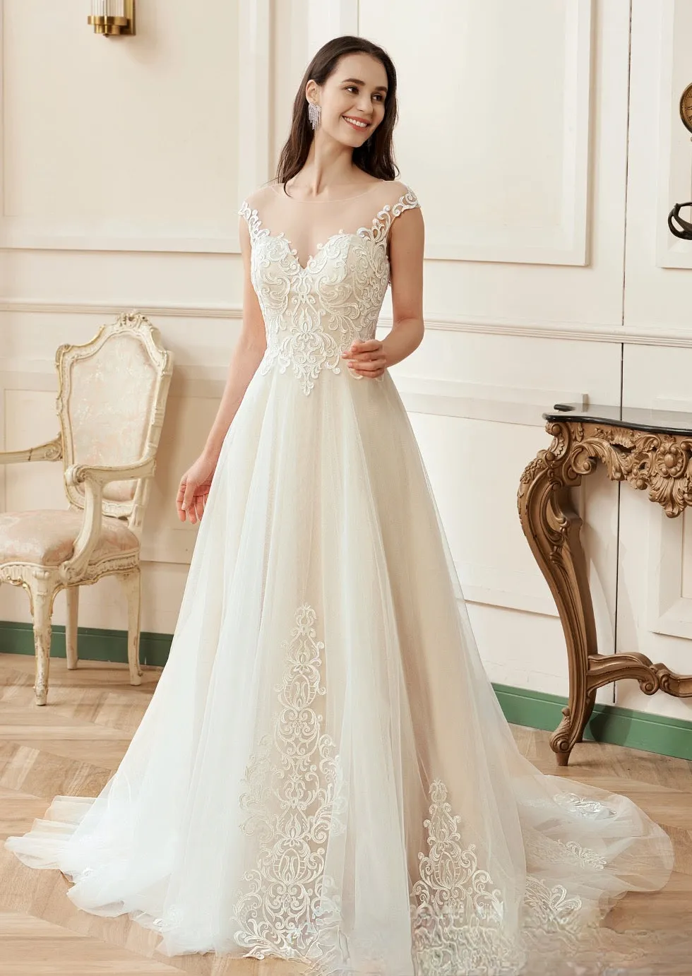 Illusion A-Line Scoop Neckline Lace Bridal Gown