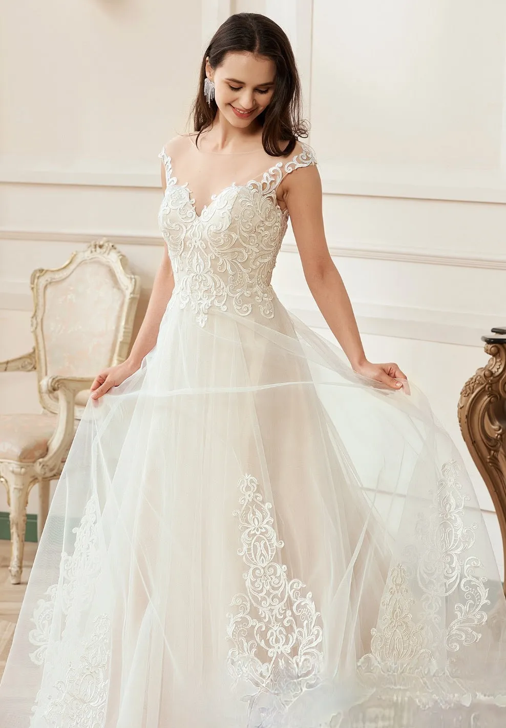 Illusion A-Line Scoop Neckline Lace Bridal Gown