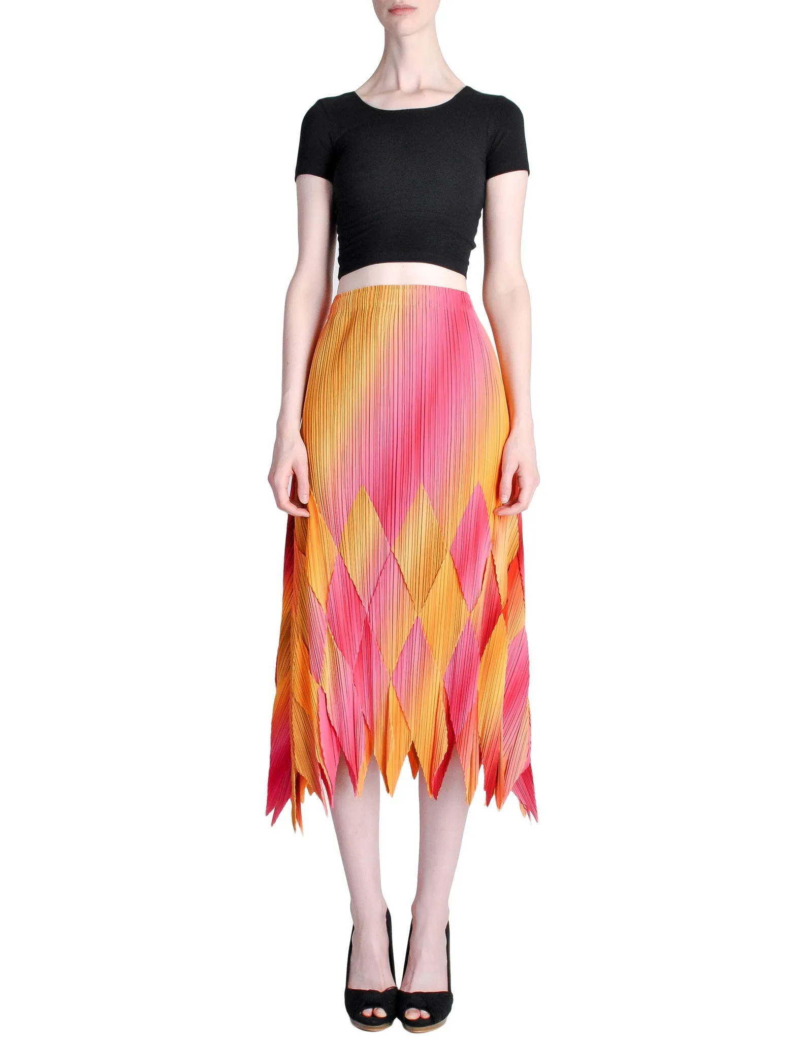 Issey Miyake Fète Vintage Pink and Yellow Harlequin Pleated Skirt