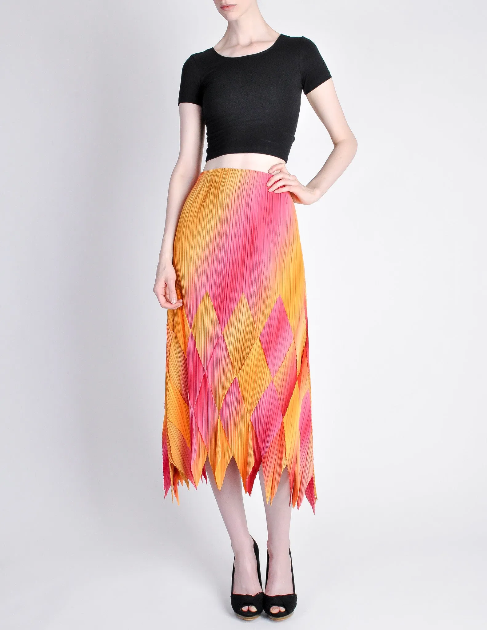 Issey Miyake Fète Vintage Pink and Yellow Harlequin Pleated Skirt