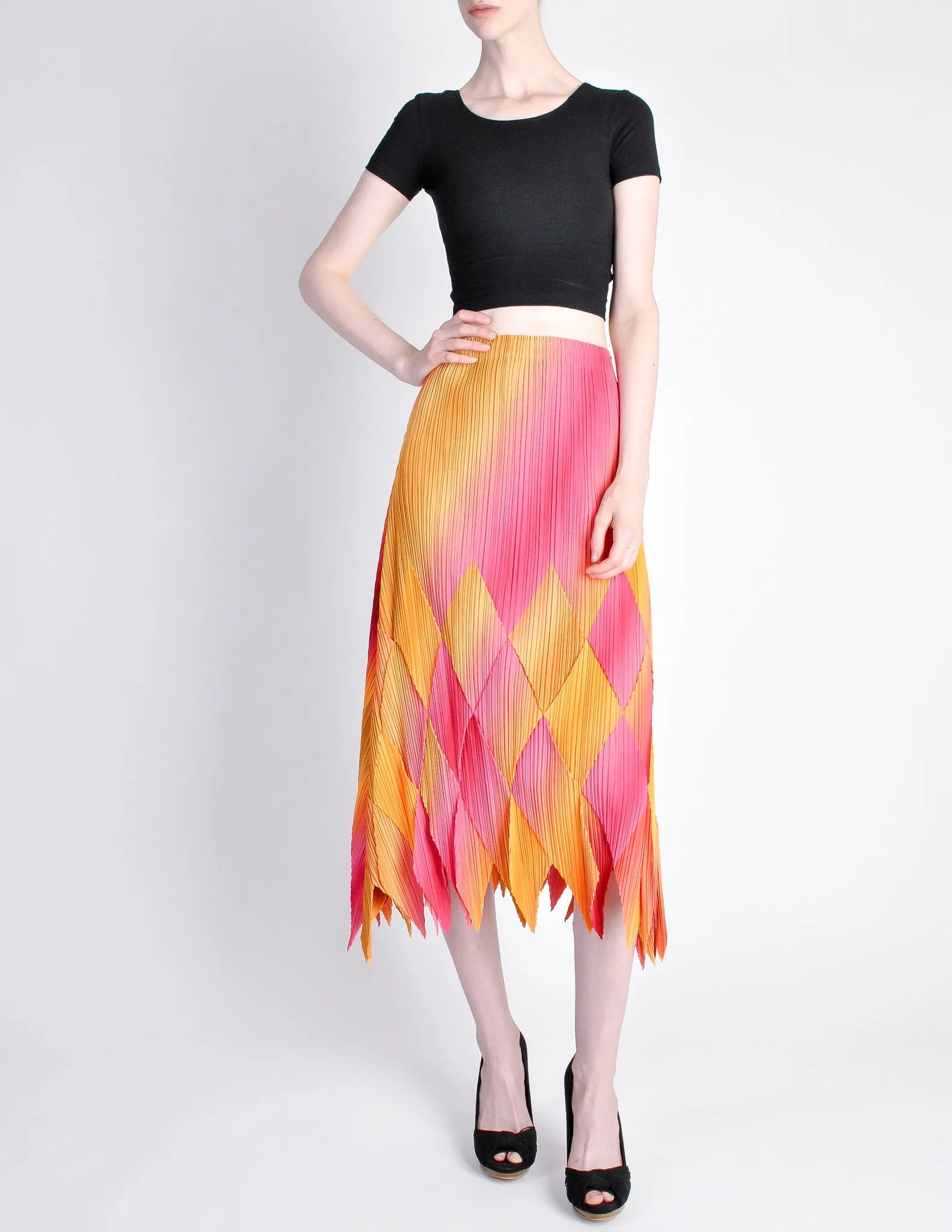 Issey Miyake Fète Vintage Pink and Yellow Harlequin Pleated Skirt