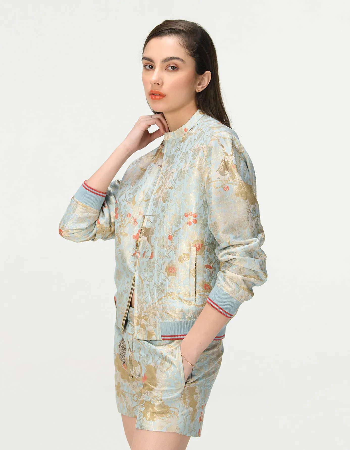 Janbaaz Bomber Jacket Silk Brocade Ice Blue