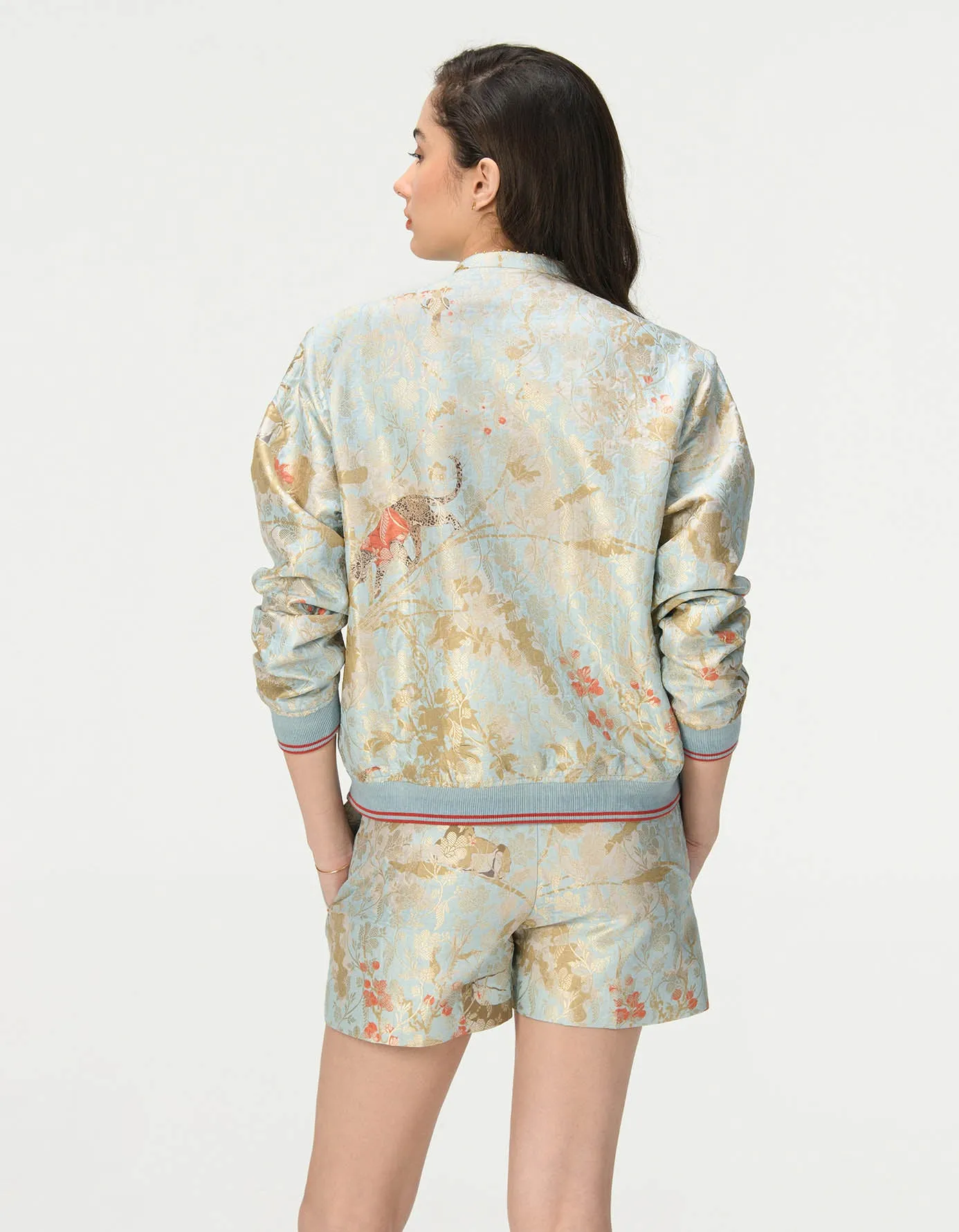 Janbaaz Bomber Jacket Silk Brocade Ice Blue