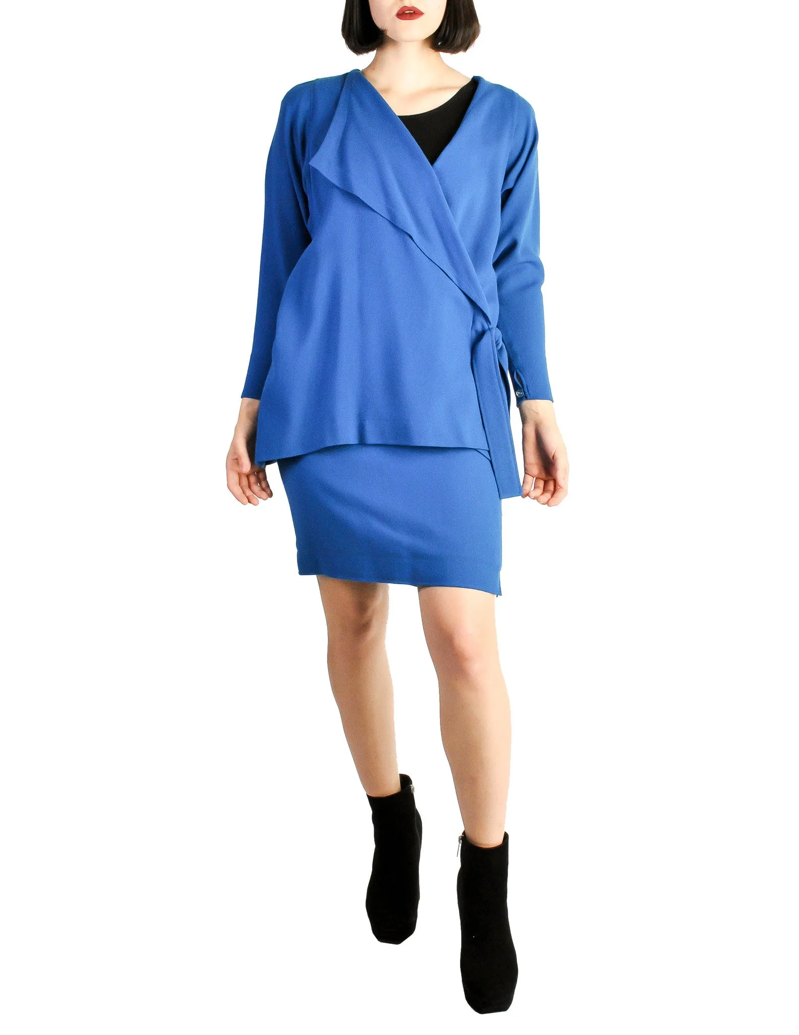 Jean Muir Vintage Cobalt Blue Wool Crepe Draping Wrap Jacket and Skirt Set Ensemble