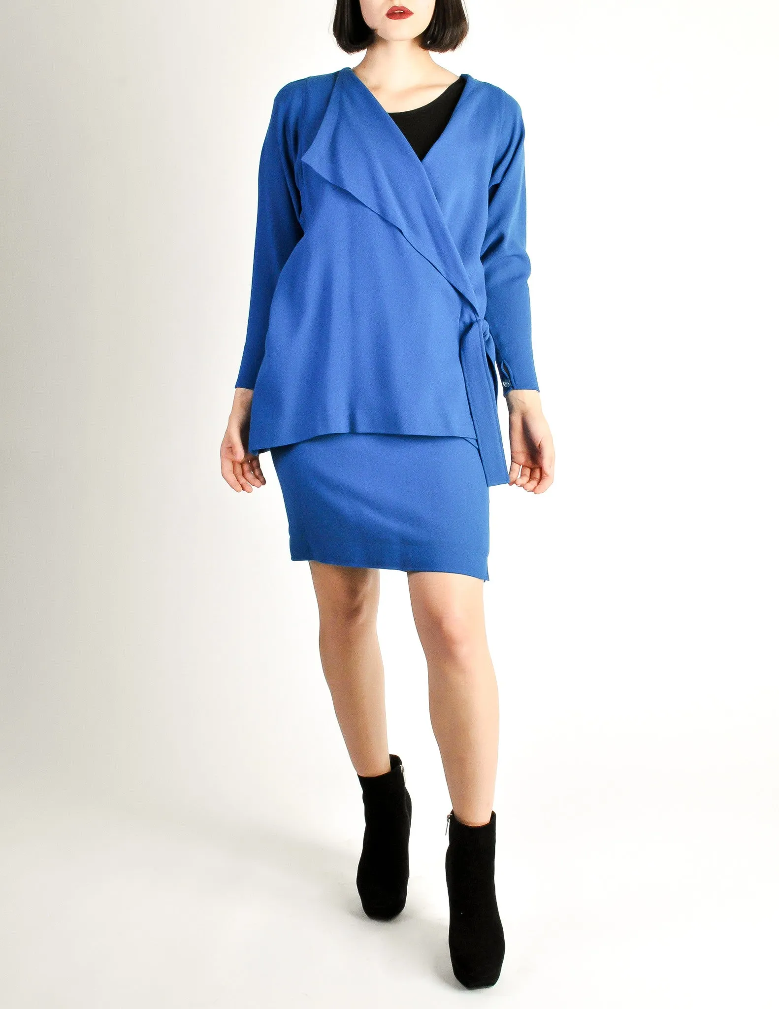 Jean Muir Vintage Cobalt Blue Wool Crepe Draping Wrap Jacket and Skirt Set Ensemble